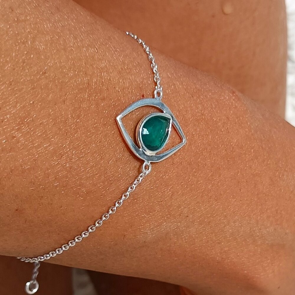 925 Sterling Silver Green Emerald Stone Bracelet - Great Gift for Her